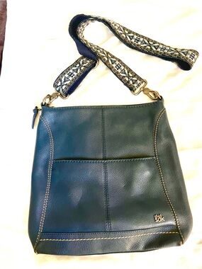 The Sak Navy Leather Crossbody Bag with Patterned Strap